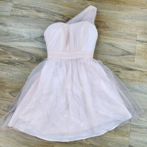 🍑David's Bridal Pink Petal Tulle One Shoulder Dress Size 2 - Picture 3 of 14